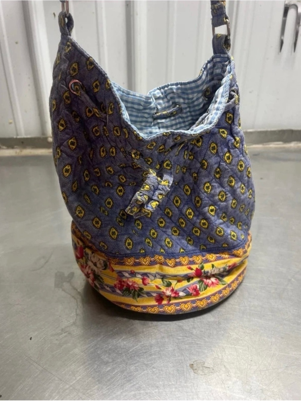 Quilted Blue Patterned Bucket Bag with Floral Trim